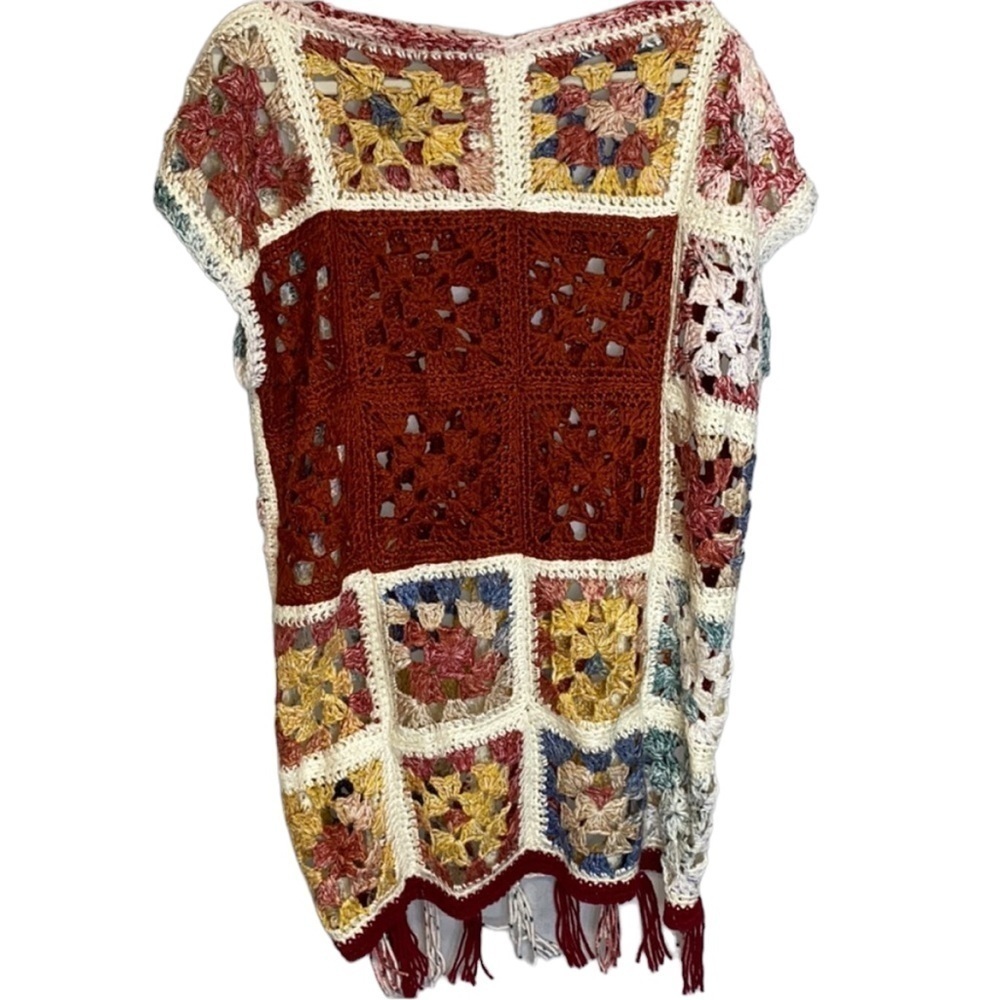 Vintage Crocheted Boho Hippie Granny Square Tunic Fringe Festival Vest